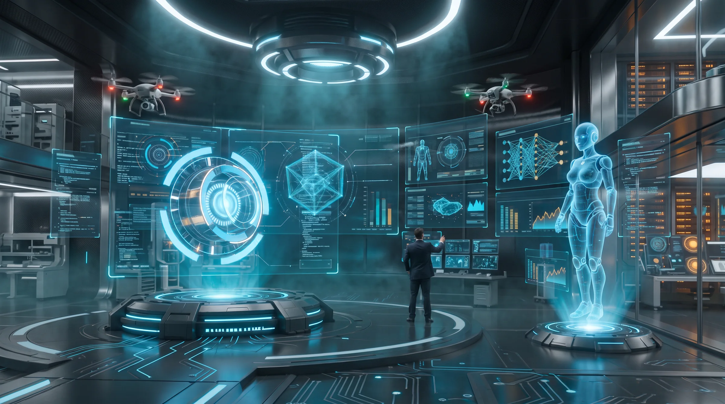Tony AI research laboratory — holographic display wall, translucent AI humanoid, and autonomous drones